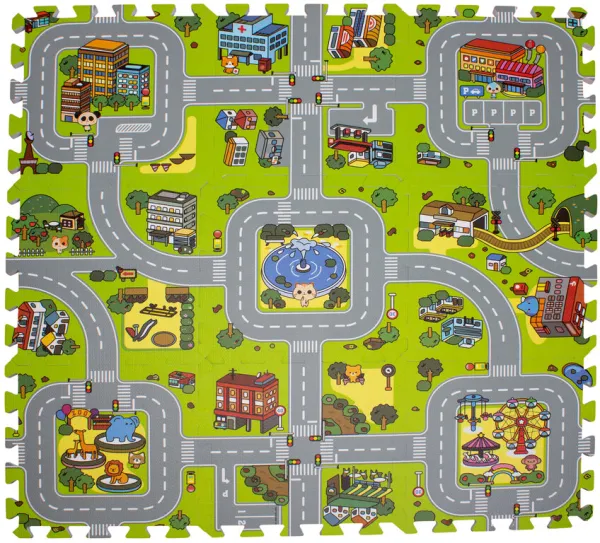Leketeppe med vei og by, skum. 9 deler