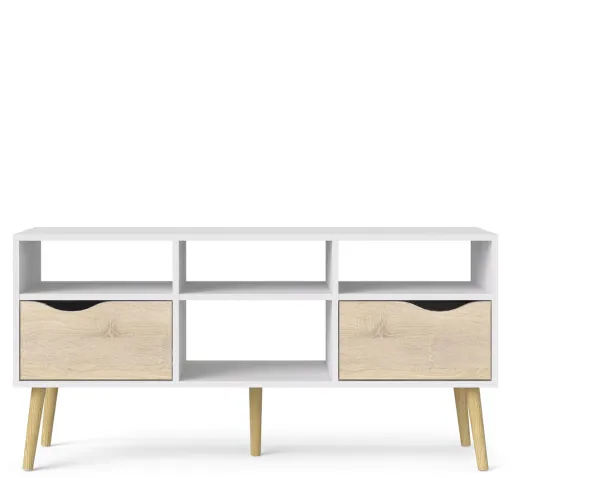 TVILUM Delta TV-bord - hvit/eikstruktur, med 2 skuffer og 4 rom